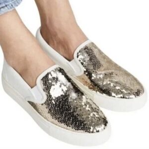 Tory Burch Carter Sequin Slip-On Sneakers in Gold and White Size 8.5